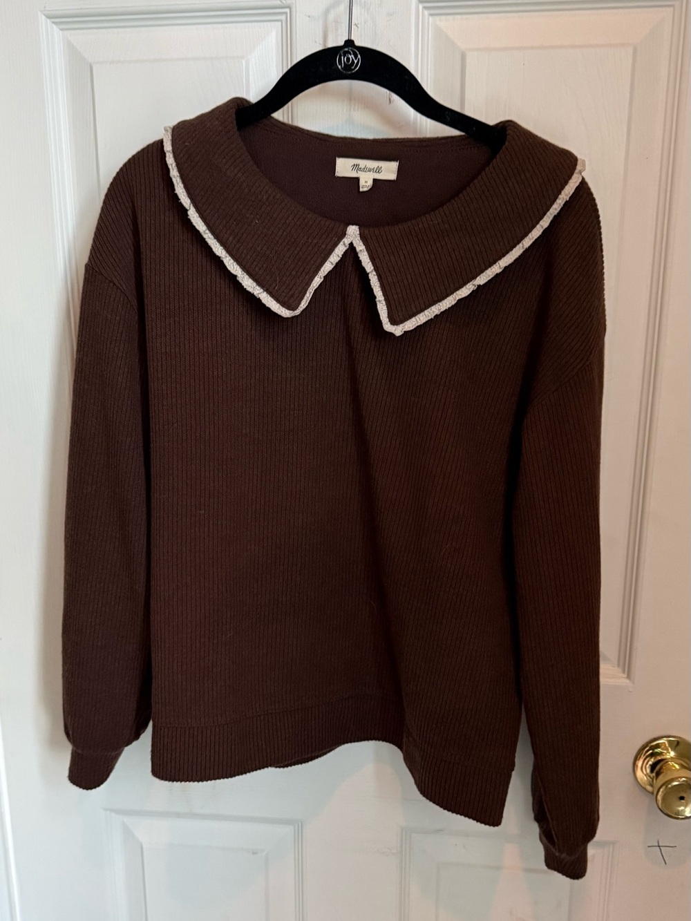 Madewell Brown Sweater with Contrast White-Trim Peter Pan Collar